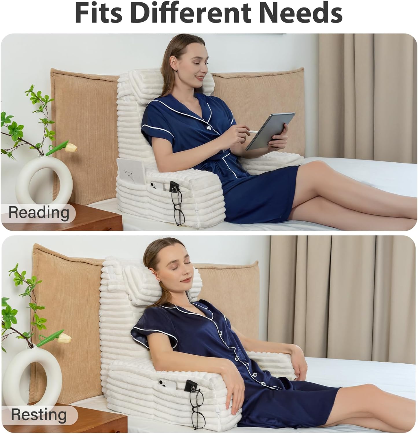 ENITYA 22" XL Back Pillow for Bed Sitting Up, Reading Pillow with Armrests & Big Pockets, Soft Back Support Chair, Ideal for Watching TV, Gaming, Nursing, Resting, Post Surgery, Dark Grey