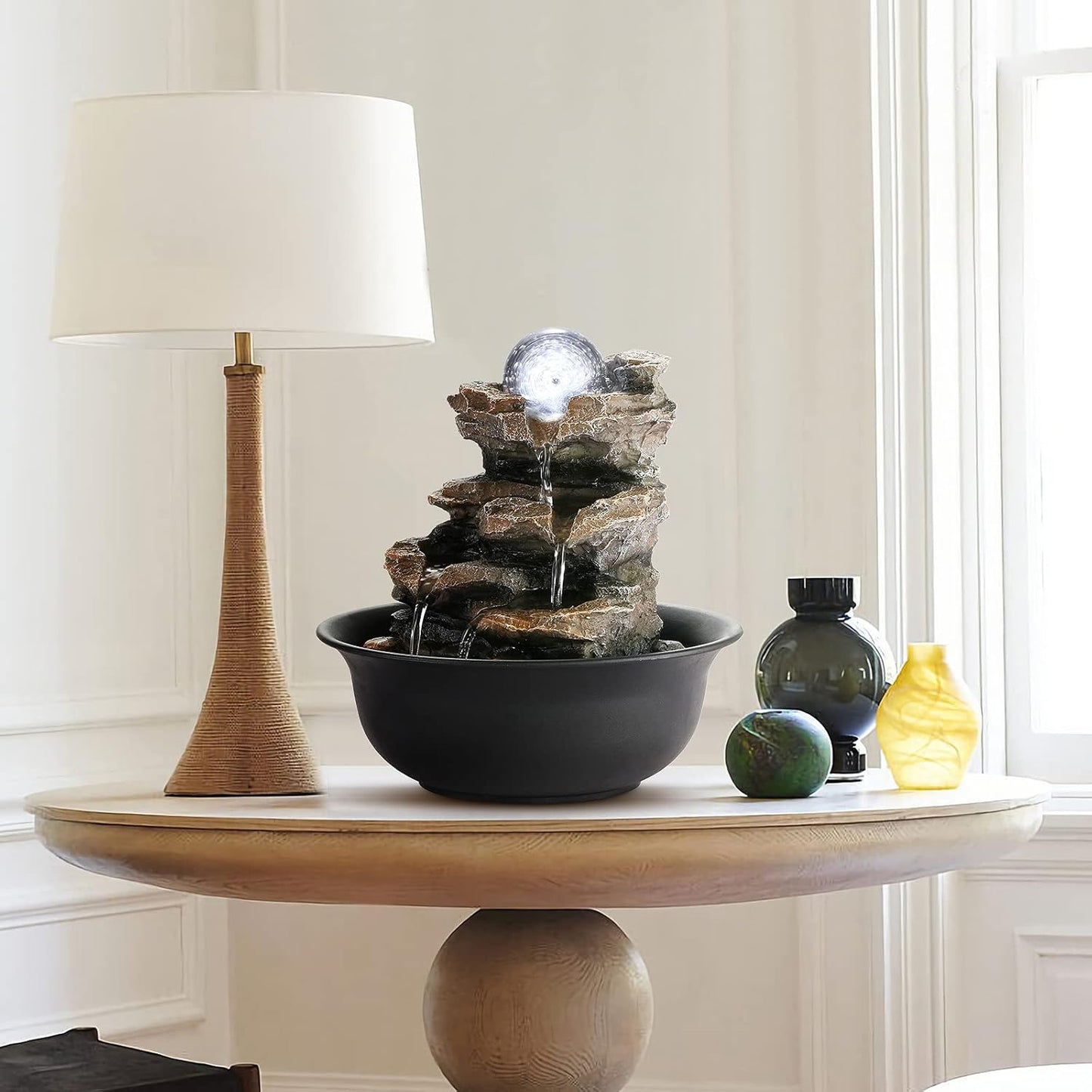 WICHEMI Indoor Fountain Tabletop Fountain Waterfall Fountains Stacked Rocks | Desktop Fountain With LED Light, Soothing Sound, Stress Relief, Humidifies Air, No Plumbing, Easy Setup, 11.8"X8.7"X5.9"