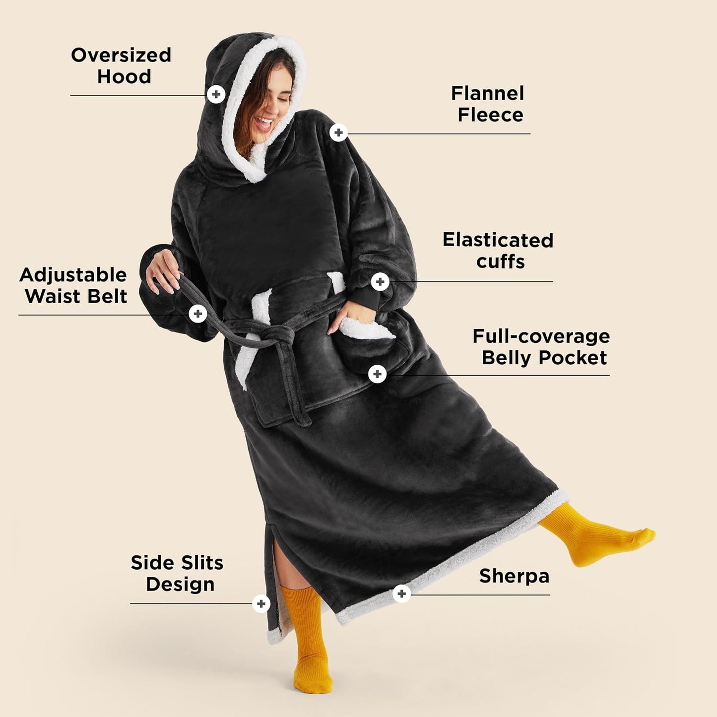 Bedsure Wearable Blanket Hoodie, Long Hooded Blanket Sweatshirt as Mothers Birthday Gifts for Women, Cozy Sherpa Hoodie for Adult, Standard, Grey