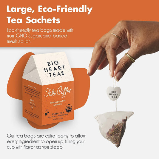Big Heart Tea Co. Tea Bags - Fake Coffee - Certified Organic, Ayurvedic Herbal Decaf Tea in Zero Plastic Sachets with Small Batch Whole Herbs, Cacao, Roasted Chicory, Dandelion Root, Cinnamon, 20 Tea Bags