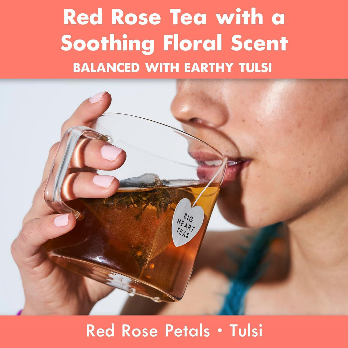 Big Heart Tea Co. Tea Bags - Cup of Love Red Rose - Certified Organic, Floral Ayurvedic Herbal Decaf Tea in Zero Plastic Sachets with Small Batch Ground Herbs, Adaptogenic Tulsi, 10 Tea Bags