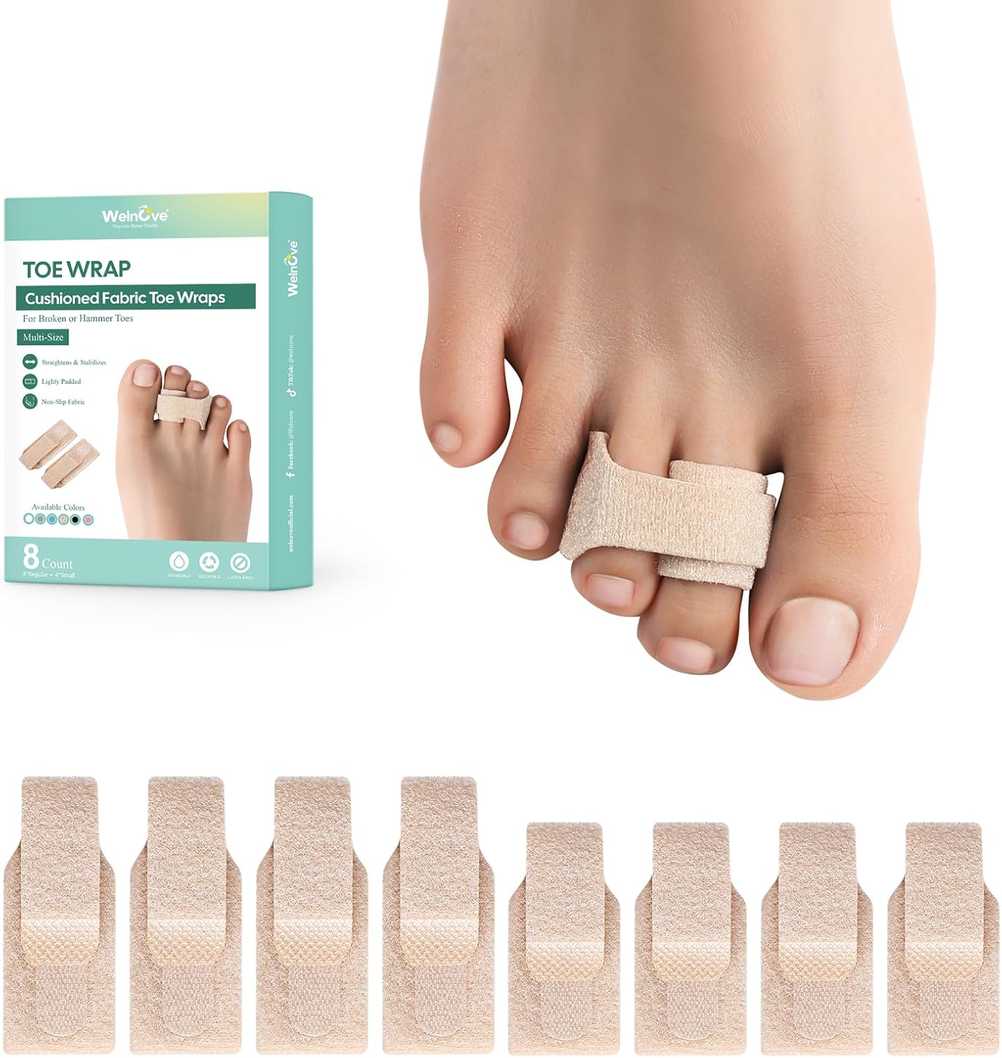 Welnove Hammer Toe Straightener - 8 Pack Broken Toe Wraps - Hammer Toe Corrector for Women - Toe Splints for Crooked Toes, Curled Toes, Bent Toes - (Large, Beige)