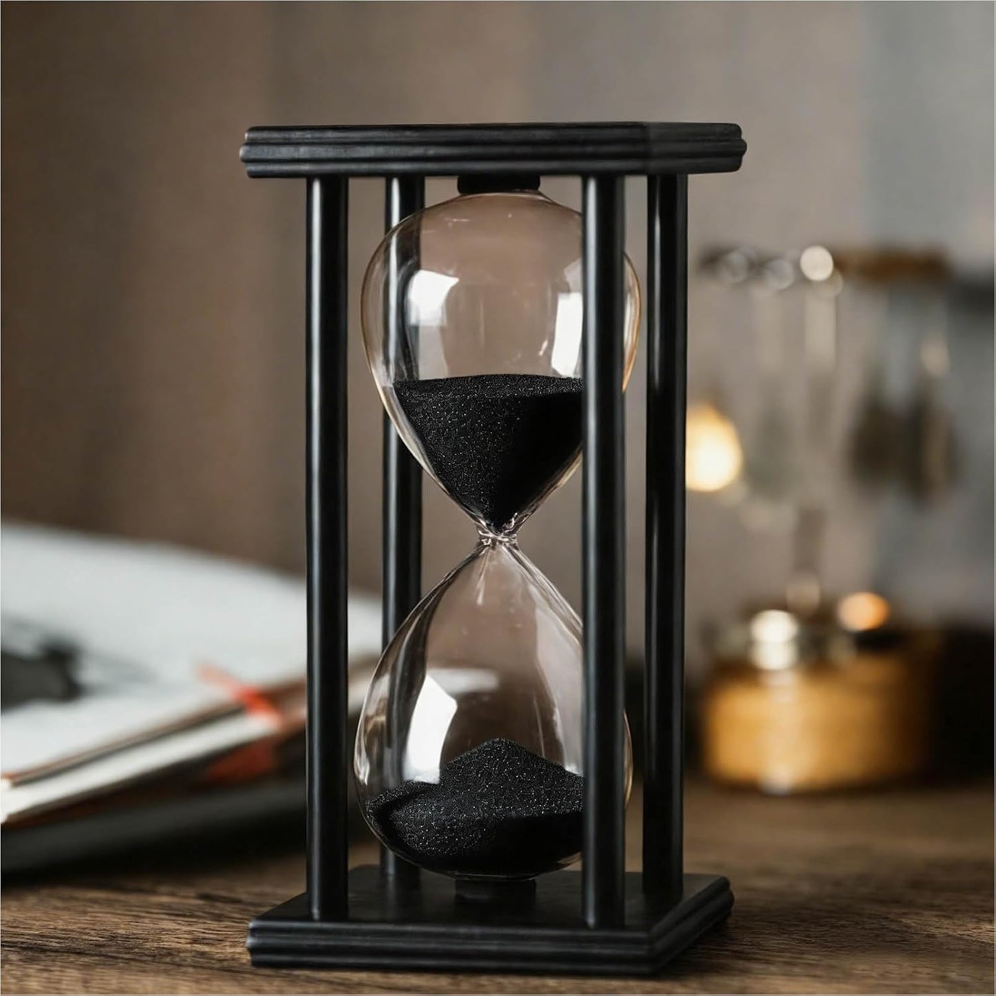 Hourglass 60 Minutes White Sand Timer, Black Wooden Frame Sandglass