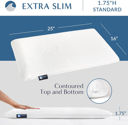 Bluewave Bedding Ultra Slim Max Cool CarbonBlue Gel Memory Foam Pillow for Stomach and Back Sleepers - Thin, Flat Design with Advanced Cooling (2.75-Inch Height, Standard Size)