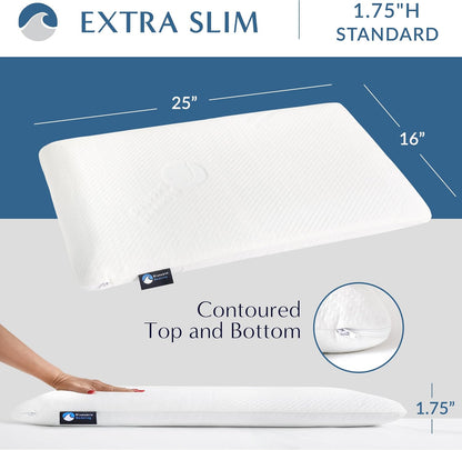 Bluewave Bedding Ultra Slim Max Cool CarbonBlue Gel Memory Foam Pillow for Stomach and Back Sleepers - Thin, Flat Design with Advanced Cooling (2.75-Inch Height, Standard Size)