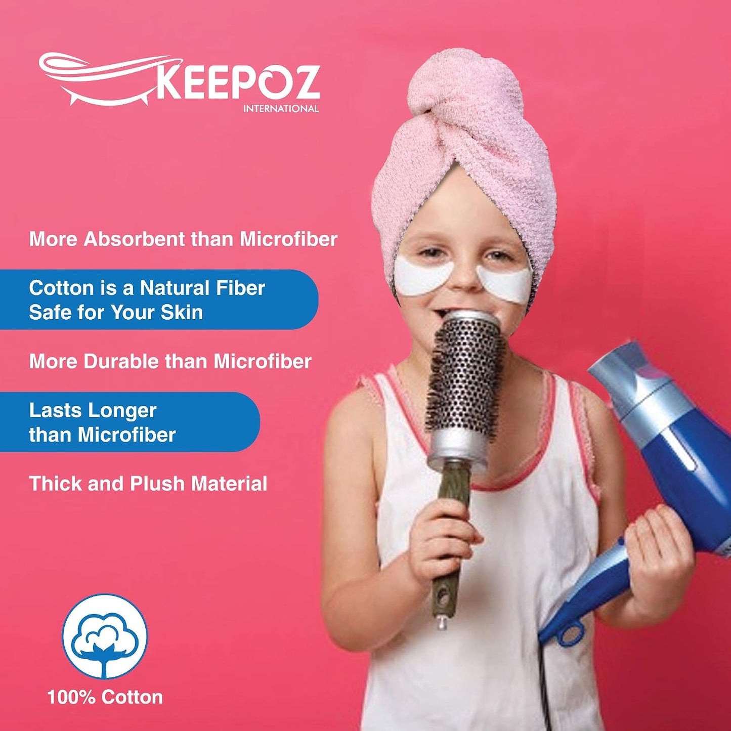 KEEPOZ 100% Cotton Hair Towel Wrap Quick Dry Super Absorbent Turban Head Wrap for Women with Button, Anti Frizz, Hair Cap for Curly, Long & Thick Hair (White, 1 Pc)