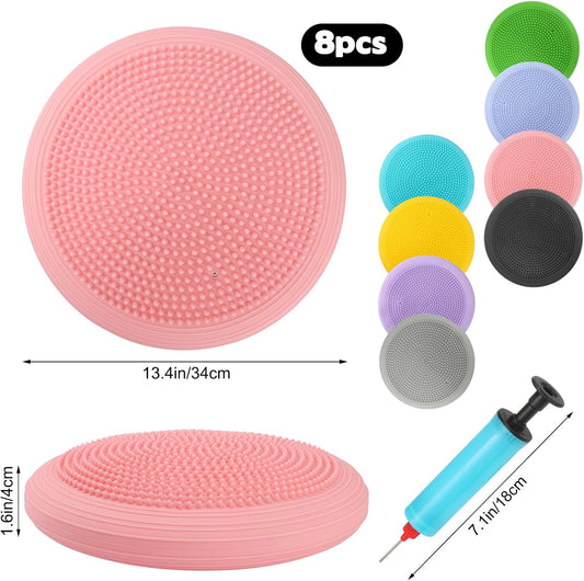 8 PCS Wiggle Seat Inflated Wobble Cushion 13 Inch Balance Disc Sensory Flexible Seat for Sensory Balance Pad for Physical Exercise Improving Posture Home Office (Needle Pump Included)
