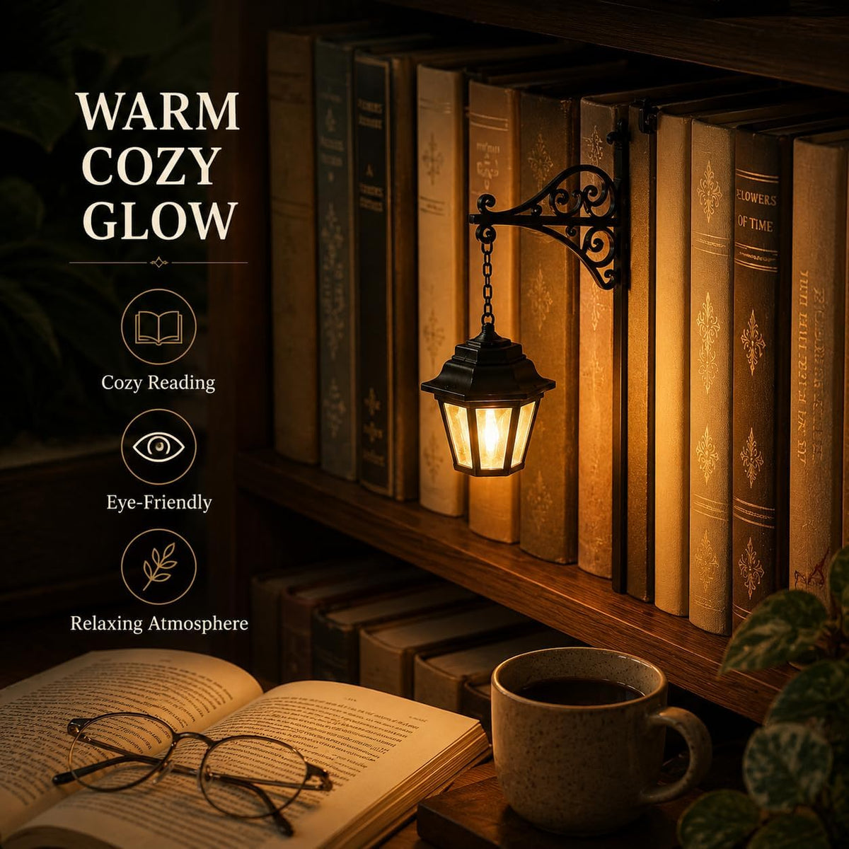 Library Lantern-Decorative Bookshelf Lighting, Mini Bookshelf Lamp Slides Between Books, Warm Amber LED Nook Light & Bookshelf Lantern for Book Nook, Shelf Decor Gift for Book Lovers(Reading Ghost)