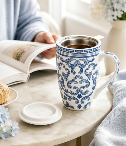 AmorArc 18oz Porcelain Tea Mug with Infuser & Lid, Loose Leaf Tea Cup with Stainless Steel Strainer, Large Coffee Mug Gift for Women, Tea Lovers, Home & Office