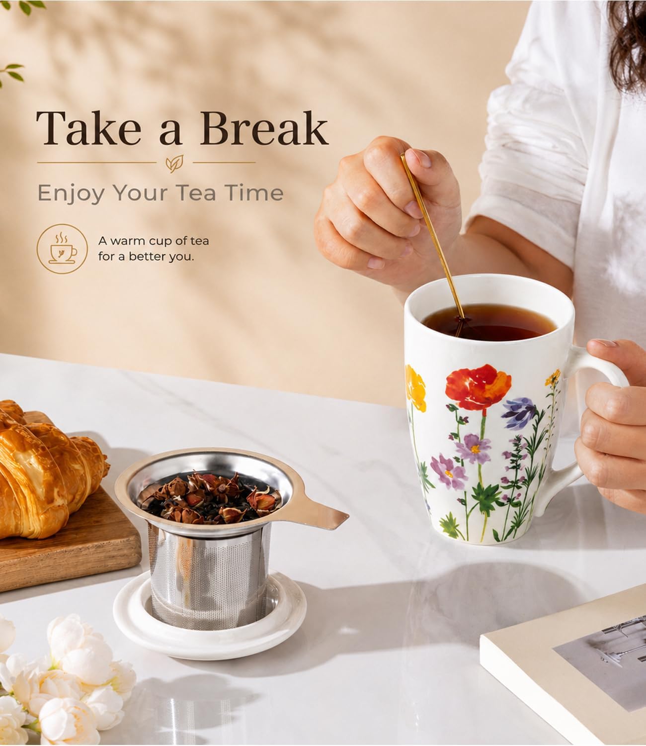 AmorArc 18oz Porcelain Tea Mug with Infuser & Lid, Loose Leaf Tea Cup with Stainless Steel Strainer, Large Coffee Mug Gift for Women, Tea Lovers, Home & Office