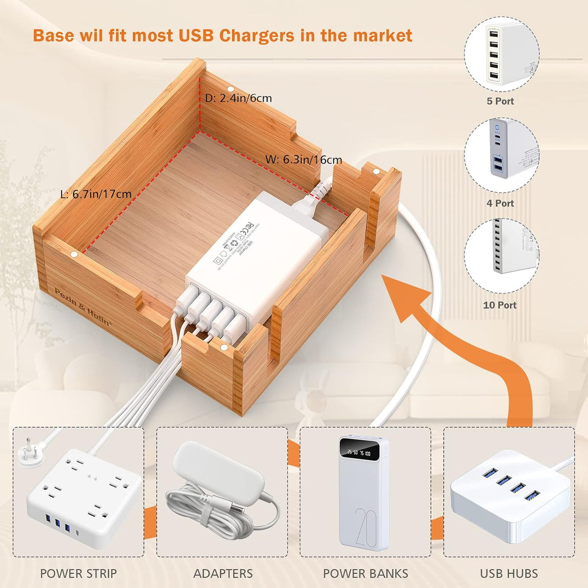 Bamboo Charging Station for Multiple Devices with USB Charger, 5 Cables