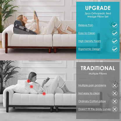 3Pcs Wedge Pillow Set for After Surgery,Acid Reflux Relief, Adjustable Bed Wedge Pillows for Sleeping,Anti Snore, Memory Foam Triangle Pillow for Back&Neck&Shoulder Pain Relief, White&Grey