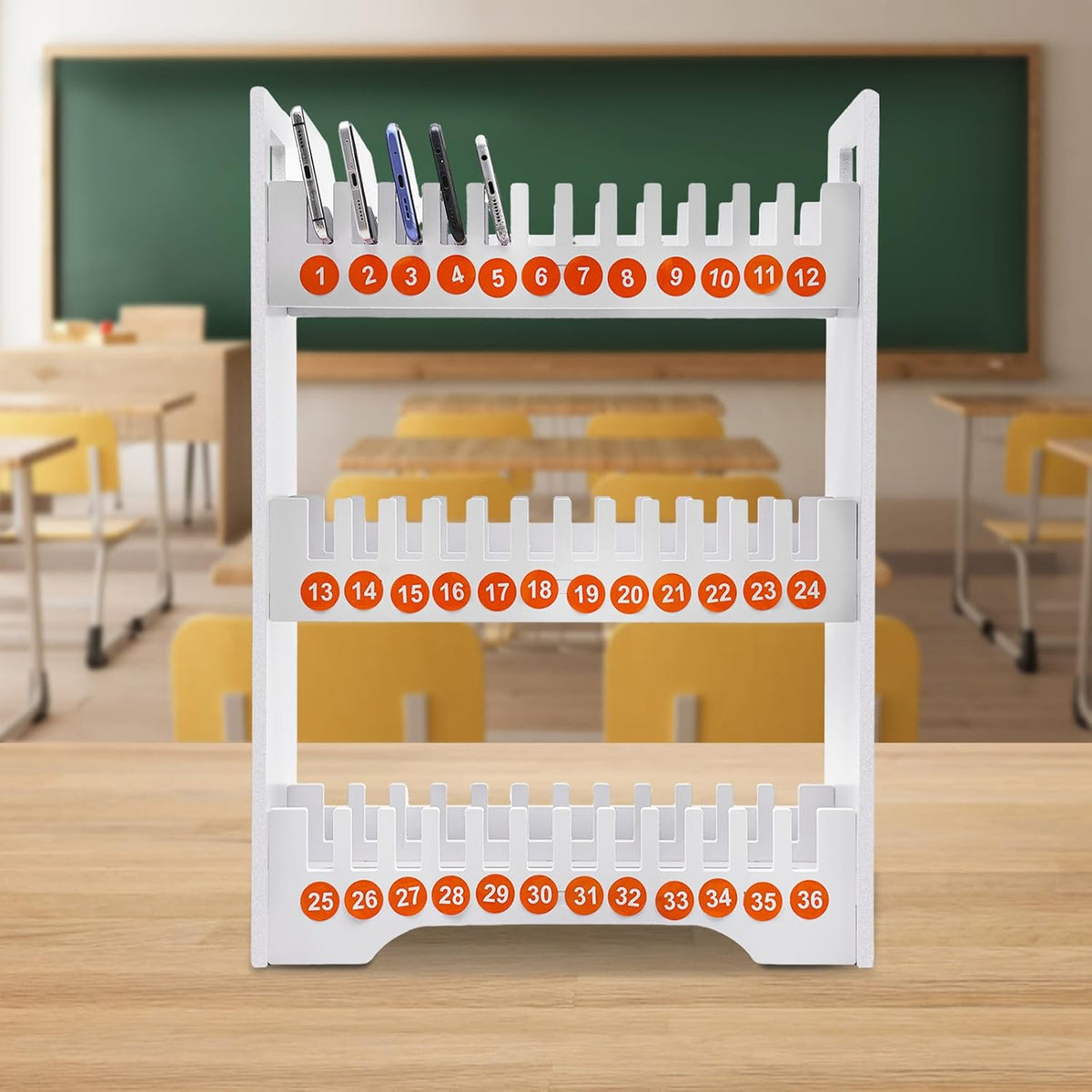 Portable 36-Slot Mobile Phone Holder, PVC Phone Storage Organizer with Numbered Slots, Curved Design, Rounded Corners, for Classroom, Office, Conference Use