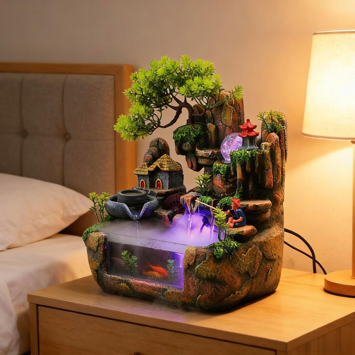 Mini Artificial Bonsai Tree Waterfall Fog Feature Rock Tabletop Fountain | 11in Desktop Decor Waterfall Fountain W/ Water Pump& Atomizer&LED Lights &Fake Tree Office Bedroom Relax