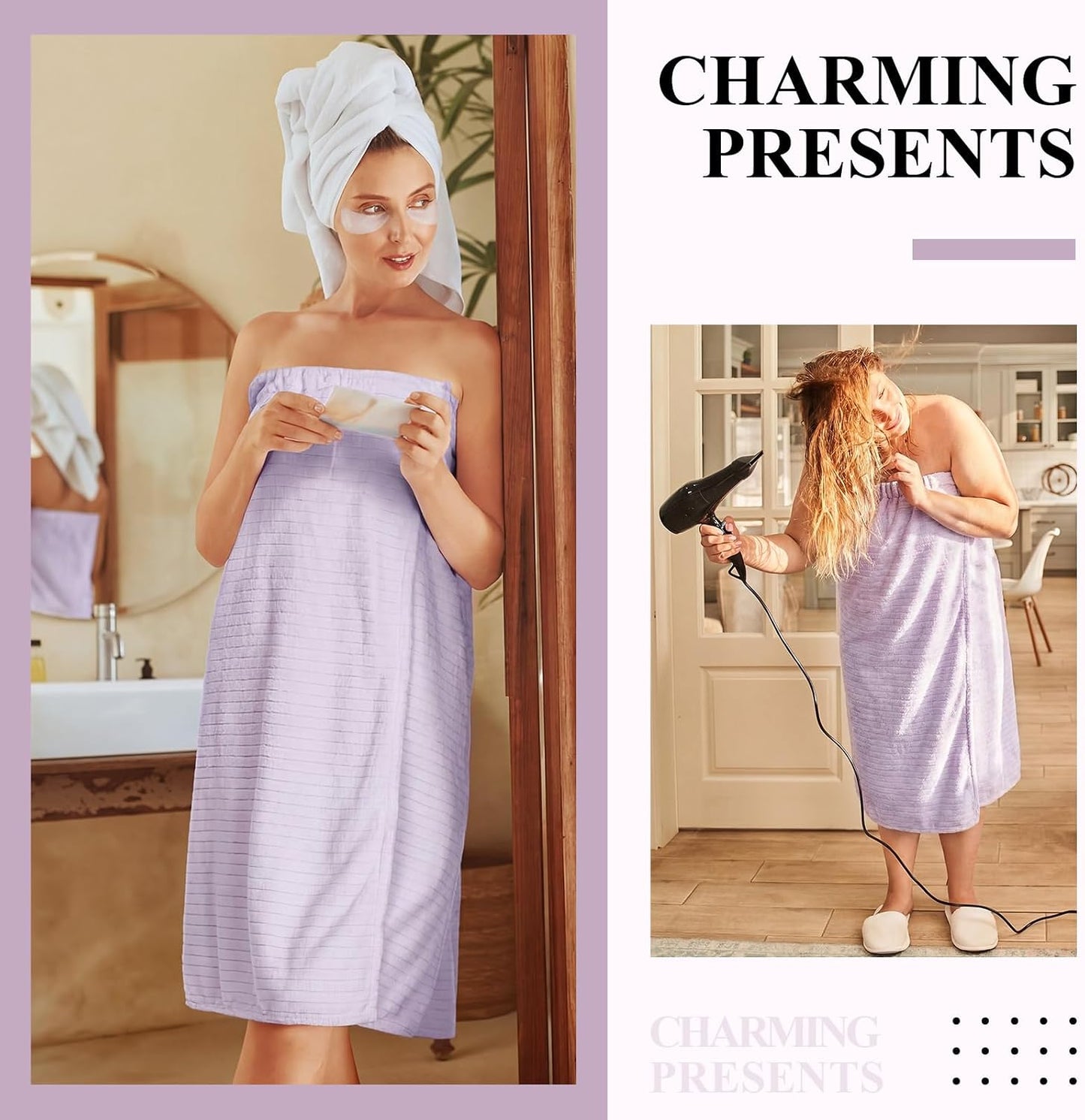 Tigeen 2 Pcs Women's Towel Wrap Lightweight Spa Robe Stripes with Adjustable Closure, Elastic Top Soft Bathrobe Spa Wrap