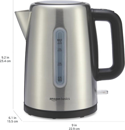 Amazon Basics Electric Kettle with Glass Carafe for Tea and Coffee, BPA-Free, Fast Boiling, Auto Shut-Off, Boil-Dry Protection, Water Level Indicator, 1.7 Liter, 1500W, Black and Silver