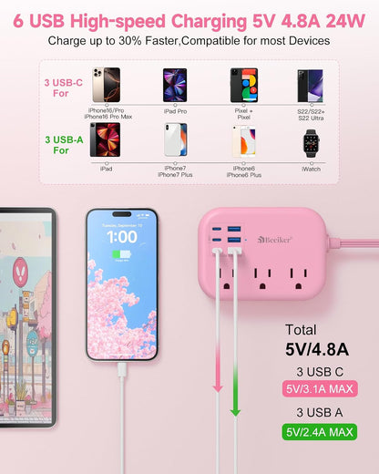 6 USB(3 USB C) Power Strip- Travel Power Strip with 6 USB Desktop Charging Station 24W/4.8A and 3 Outlets, 5Ft Flat Plug Braided Extension Cord, Non Surge Protector for Cruise Ship Travel Office Dorm