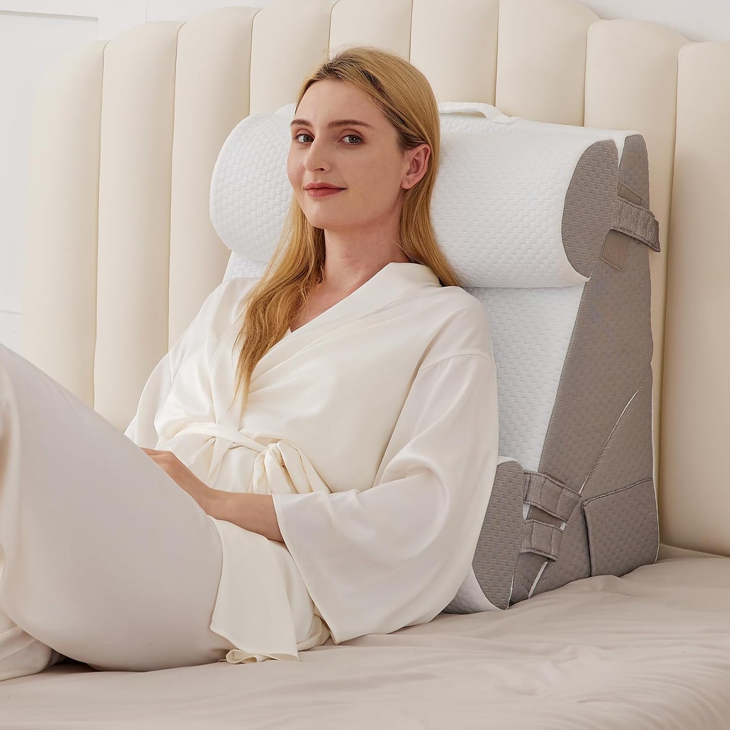 BIEEZZK Wedge Pillow Set for After Surgery, Wedge Pillow for Acid Reflux, Bed Wedge Pillow with Adjustable 9&12inch for Headboard,Sleeping, Orthopedic Memory Foam for Neck&Back Support, White/Grey