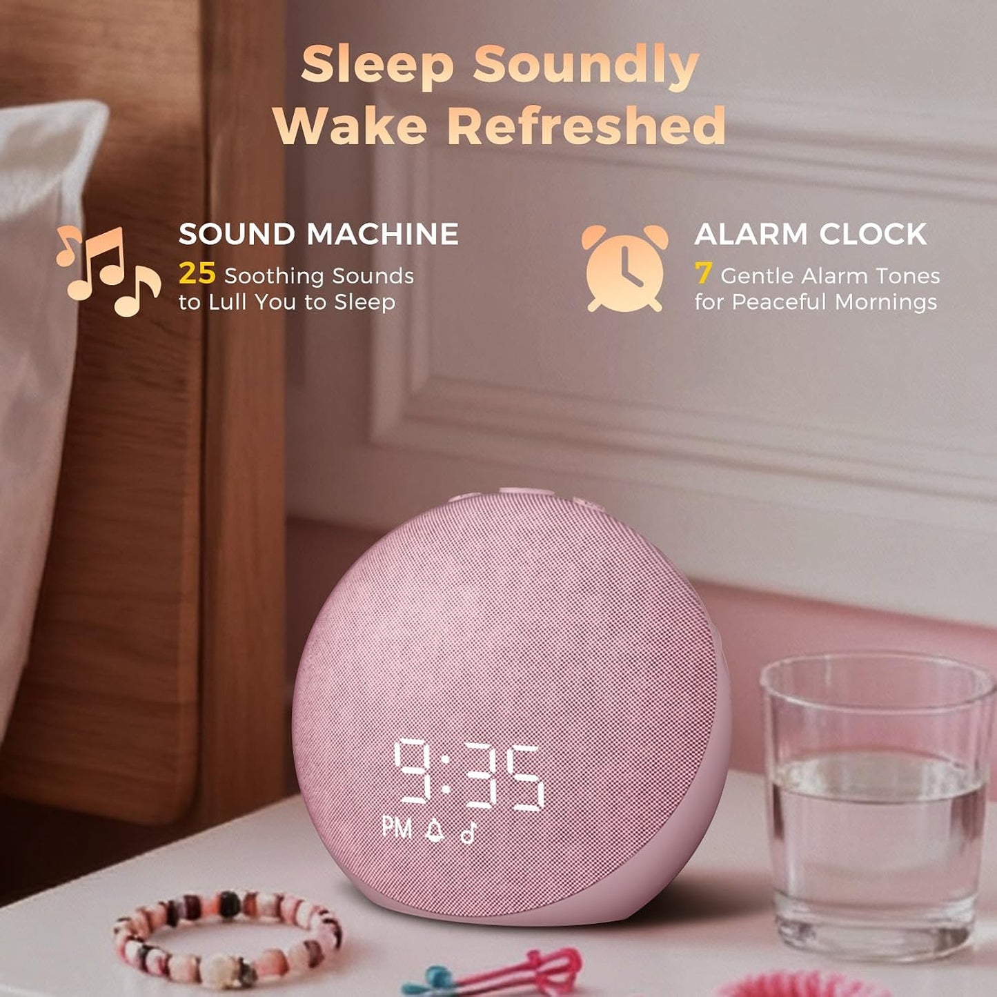 Sound Machine Alarm Clock for Bedroom: 25 Natural Sleep Sounds - White Noise Machine for Adults Kids Baby - Gentle Wake Up Alarm with Bluetooth Speaker - Putty