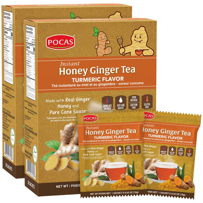 Pocas Honey Ginger Instant Tea Powder, Turmeric Flavor 2-Pack, Ginger Extract & Real Sweetener, Caffeine-Free Tea, 20 Packets per Box