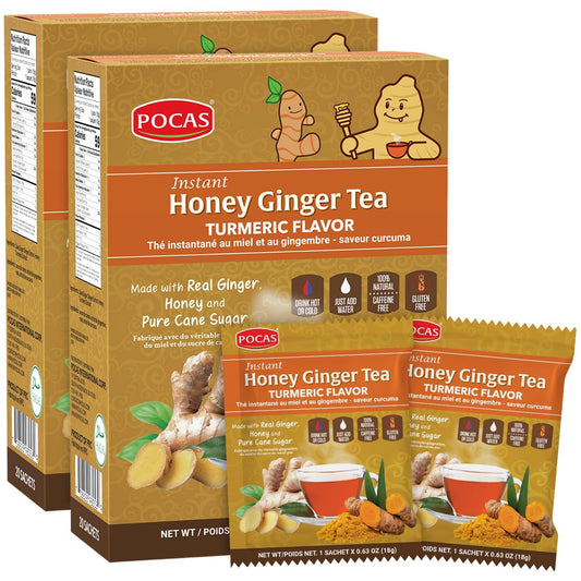 Pocas Honey Ginger Instant Tea Powder, Turmeric Flavor 2-Pack, Ginger Extract & Real Sweetener, Caffeine-Free Tea, 20 Packets per Box
