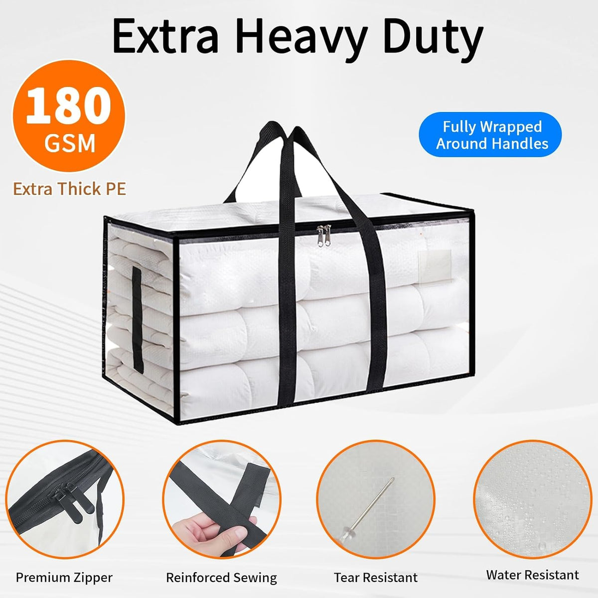 Moving Bags Extra Large - Heavy Duty Storage Totes with Wrap-Around Handles & Reinforced Zippers - Foldable Moving Box Alternative, Water-Resistant for Dorm, Closet & Under Bed Storage (Clear)