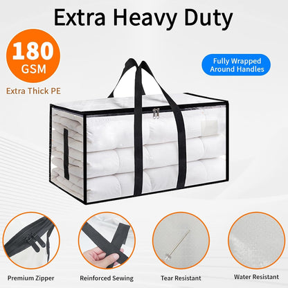 Moving Bags Extra Large - Heavy Duty Storage Totes with Wrap-Around Handles & Reinforced Zippers - Foldable Moving Box Alternative, Water-Resistant for Dorm, Closet & Under Bed Storage (Clear)
