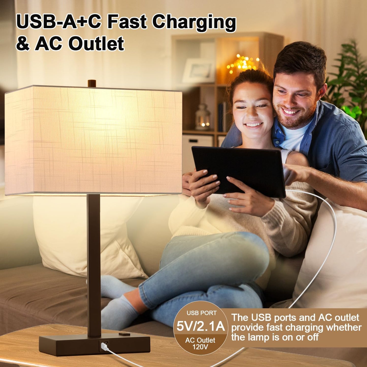 21" Touch Bedside lamps with 2 USB & AC Outlets, 3-Way Dimmable Bedside Table Lamps Set of 2 for Bedroom Living Room Office Reading, Gray Shade Lamps for Night Stands, 5000K LED Bulbs Included