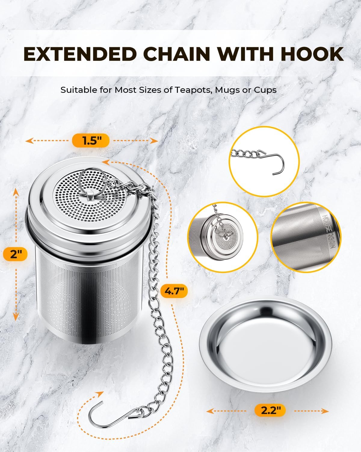 House Again 2 Pack Tea Infuser, Extra Fine Mesh Tea Infusers for Loose Tea, 18/8 Stainless Steel Tea Strainer with Extended Chain Hook, Tea Steeper for Brew Tea, Spices & Seasonings