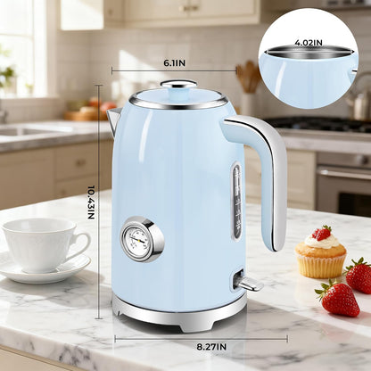 SUSTEAS Electric Kettle - 57oz Hot Tea Water Boiler with Thermometer, 1500W Fast Heating Stainless Steel Pot, Cordless LED Indicator, Auto Shut-Off & Boil Dry Protection, Retro Green