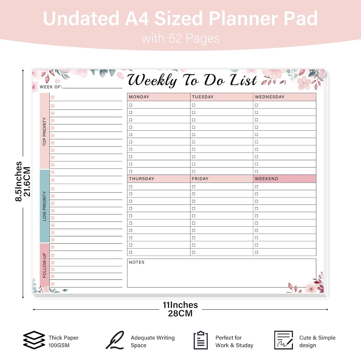 Weekly To Do List Notepad with 52 Undated Sheets（8.5"×11"）- Weekly Desk Planner Pad with Spiral Binding for Women & Man, Office, School and Home Personal Organizer