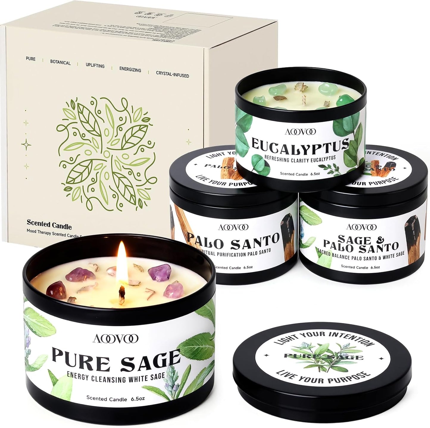 AOOVOO Sage Candle for Cleansing - 3 Wick 12oz Large Scented Candle with Crystals & Sage Leaves Inside, Soy Candles Non Toxic for Meditation Spiritual Gift, Aromatherapy Candle for Women Men
