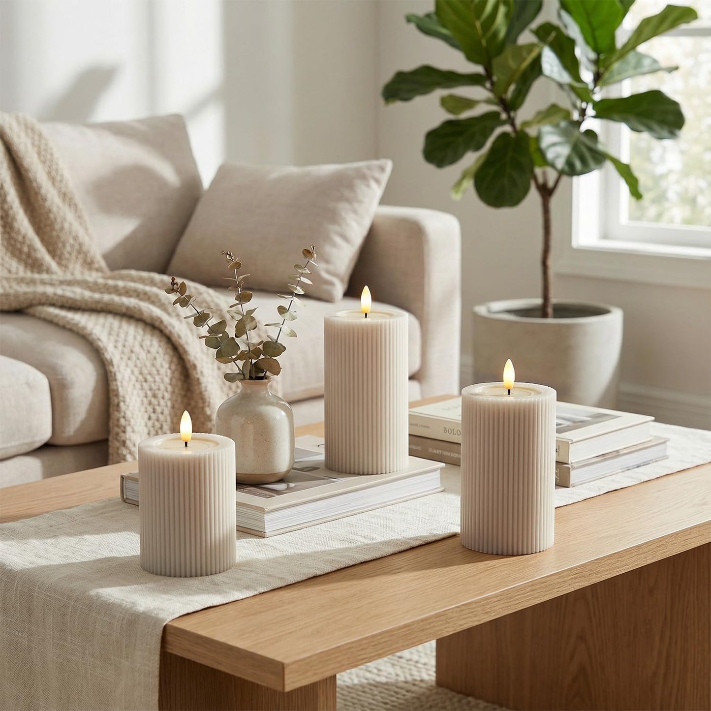 Ribbed Fluted Real Wax Flameless LED Pillar Candles, Loden Sage Olive Green, Melted-Wax Top Look, Flickering Flame, Battery Operated, Remote & Timer, Shelf & Wedding Decor (Set of 3)