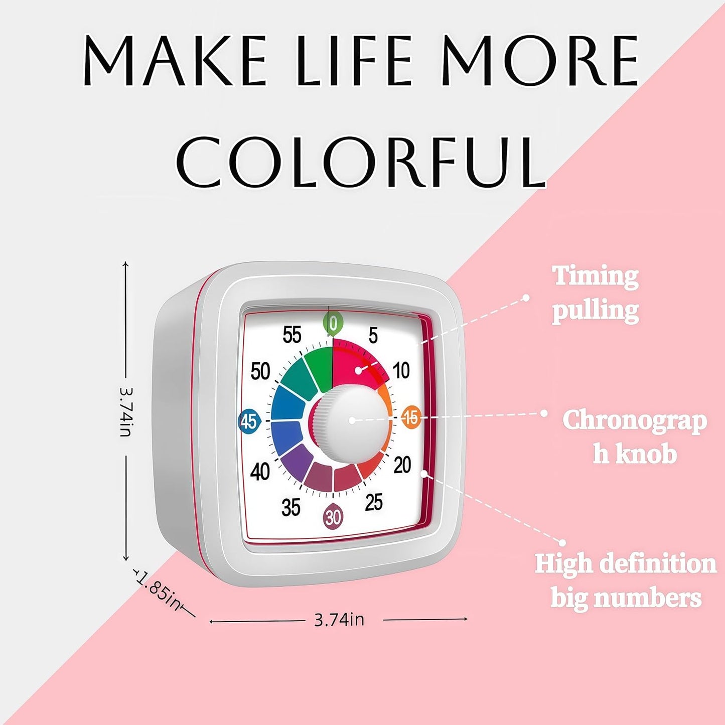 Visual Timer for Kids, 60-Minute Countdown Timer for Classroom Office Kitchen, Pomodoro Timer with Silent Operation，Time Management Tools with Colorful Pattern(White)