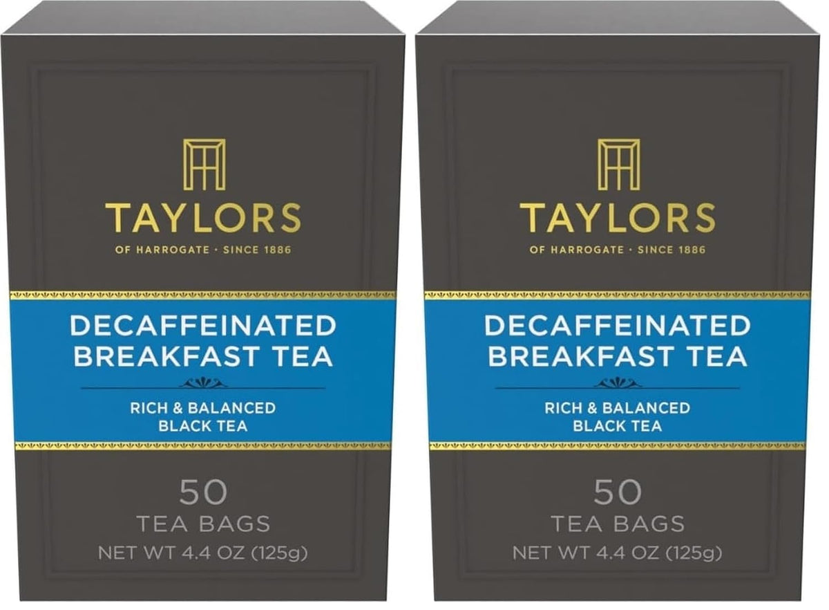 Taylors of Harrogate Decaffeinated Breakfast,Black Tea,Pillow Bags,Rich,Bright & Balanced,Decaffeinated,Enjoy Hot or Iced,50 Teabags,50 Count (Pack of 2)