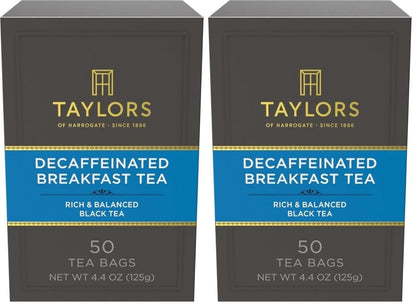 Taylors of Harrogate Decaffeinated Breakfast,Black Tea,Pillow Bags,Rich,Bright & Balanced,Decaffeinated,Enjoy Hot or Iced,50 Teabags,50 Count (Pack of 2)