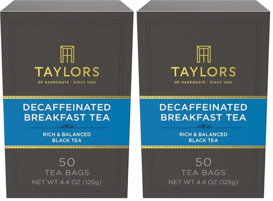 Taylors of Harrogate Decaffeinated Breakfast,Black Tea,Pillow Bags,Rich,Bright & Balanced,Decaffeinated,Enjoy Hot or Iced,50 Teabags,50 Count (Pack of 2)