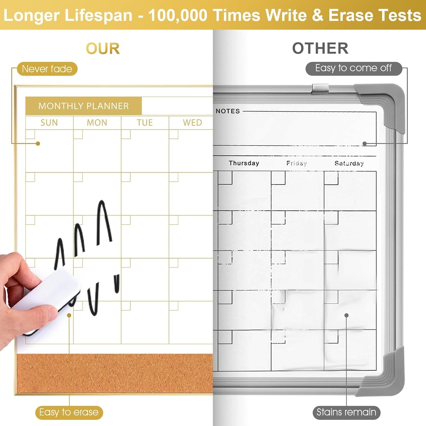 ARCOBIS Dry Erase Calendar with Cork Board for Wall, 24"x 18" Magnetic Calendar Whiteboard with Black Frame, Monthly Combination Board for School, Home, Office