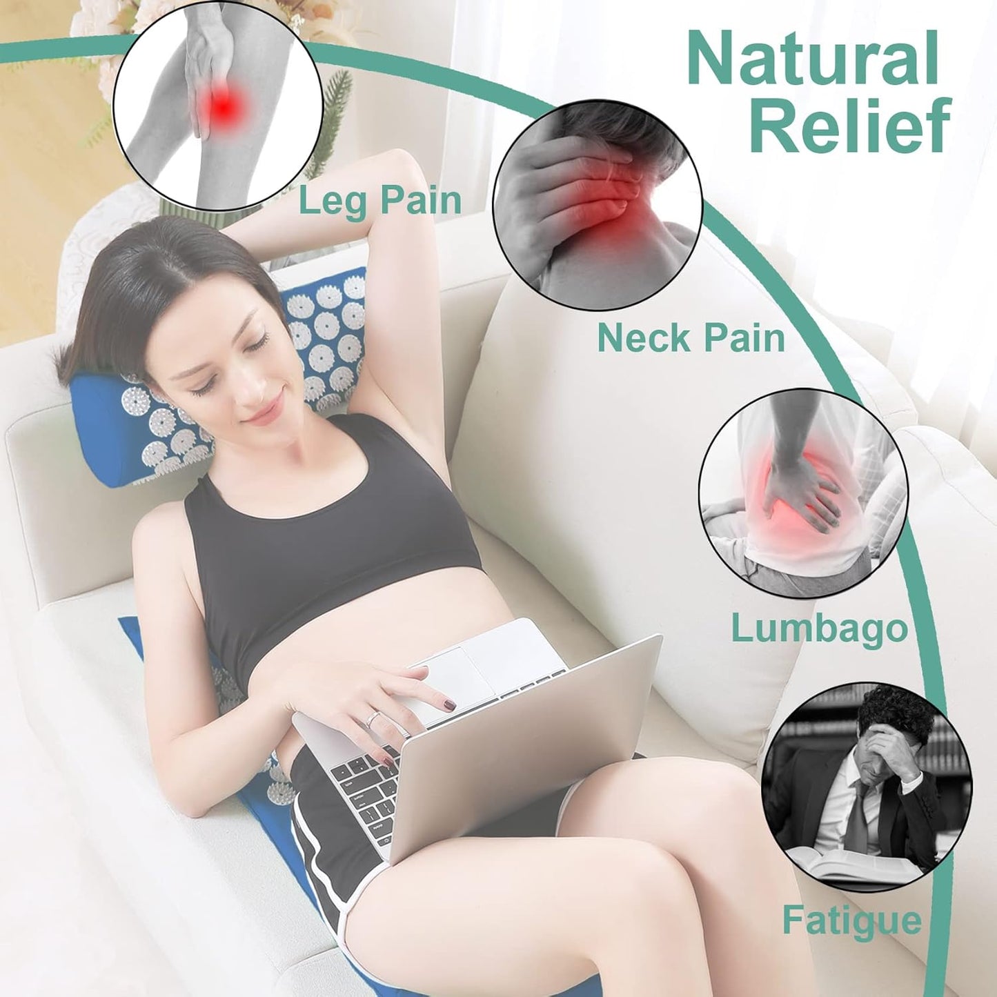 XiaoMaGe Acupressure Mat and Pillow Set with Bag - Extra Long Acupuncture Mat for Neck & Back Pain Relief- Naturally Relaxation Gift for Women - Stress Relief Massage Mat (Black)