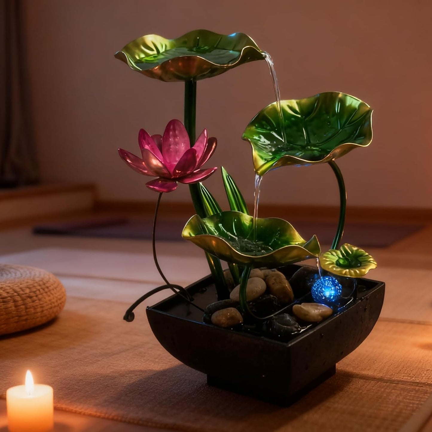 AOZITA Tabletop Fountain, Indoor Waterfall Fountain, Small Home Décor Zen Relaxation Soothing Sound Machine for Office, Living Room, or Bedroom,Blue Metal Lotus with Bud, River Rocks,Round LED