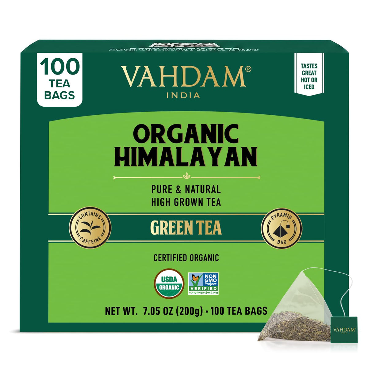 VAHDAM, Organic Himalayan Green Tea (100 Count) High Grown, Non GMO, Gluten Free, Low Caffeine | Earthy & Smooth | Resealable & Plant-Based Pyramid Tea Bags