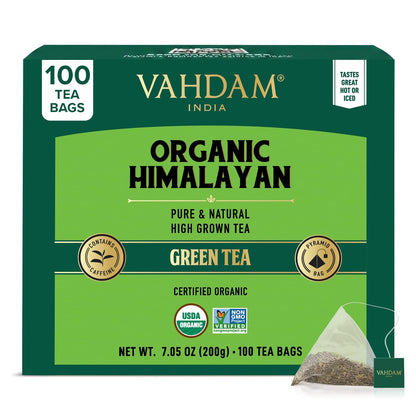 VAHDAM, Organic Himalayan Green Tea (100 Count) High Grown, Non GMO, Gluten Free, Low Caffeine | Earthy & Smooth | Resealable & Plant-Based Pyramid Tea Bags