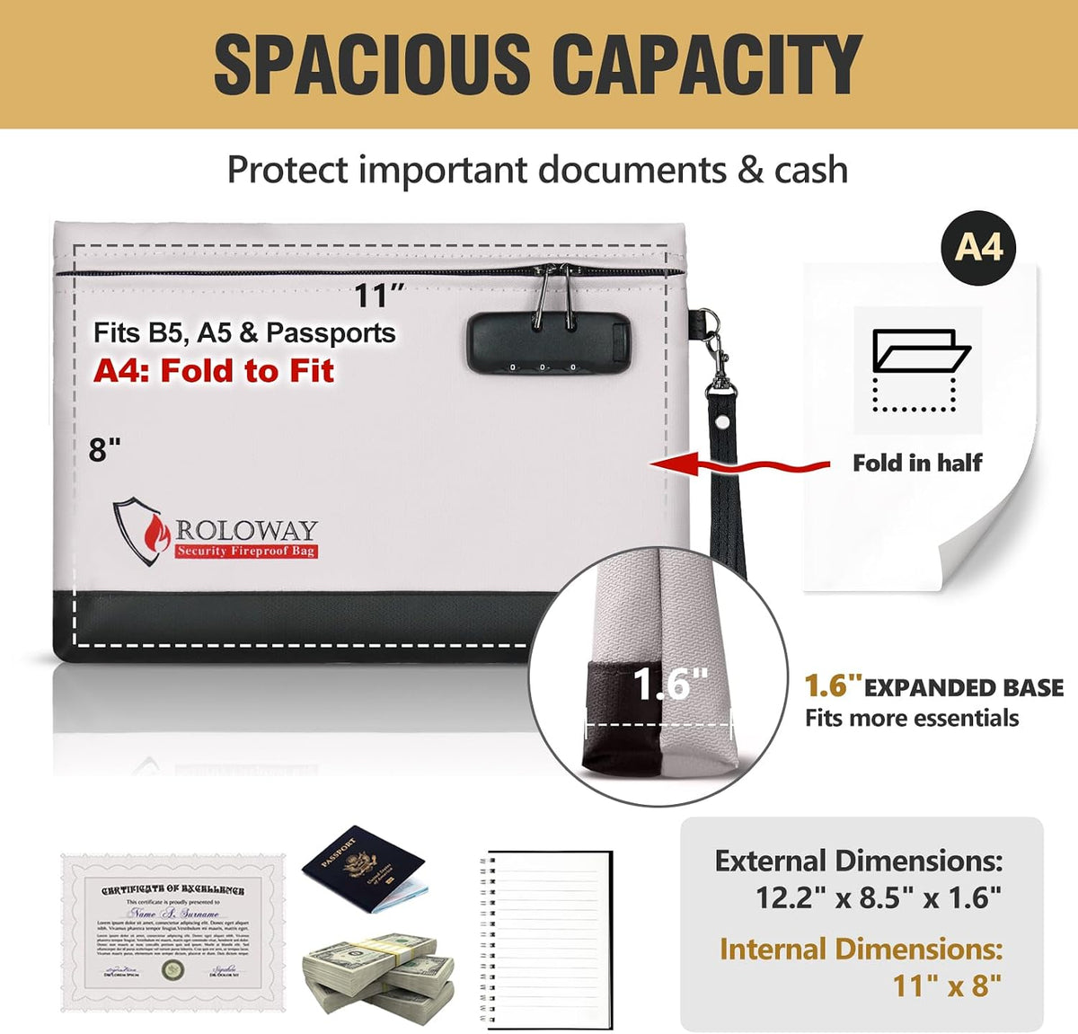 ROLOWAY Fireproof Money Bag with Lock for Cash, 6400°F Fire Proof Document Bag (12.2 x 8.5 x 1.6 inches), Money Pouch with Zipper (Pink)
