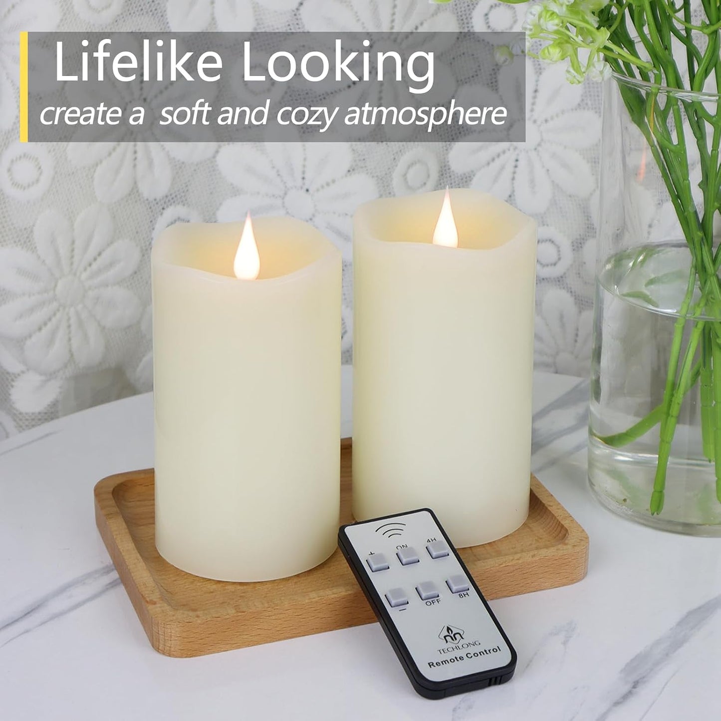 TECHLONG Flameless Candles Battery Operated with Timer, 3D Moving Flame Flickering, Last 600+ Hours Battery Candles, 3" x 3" Ivory Real Wax Electric LED Candle for Wedding Party Decorations