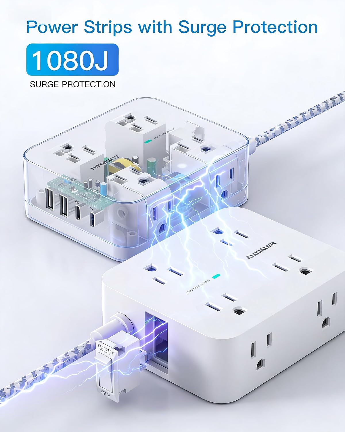 HANYCONY Surge Protector Power Strip, 1080J, 5 Ft Braided Extension Cord