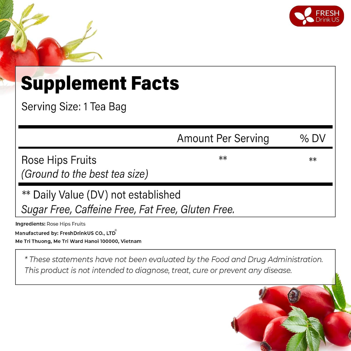 FreshDrinkUS, Premium 75 Rosehip Tea Bags, 100% Natural & Pure. Made with Eco-Conscious Tea Bags. No Sugar, No Caffeine, No Gluten, Vegan.