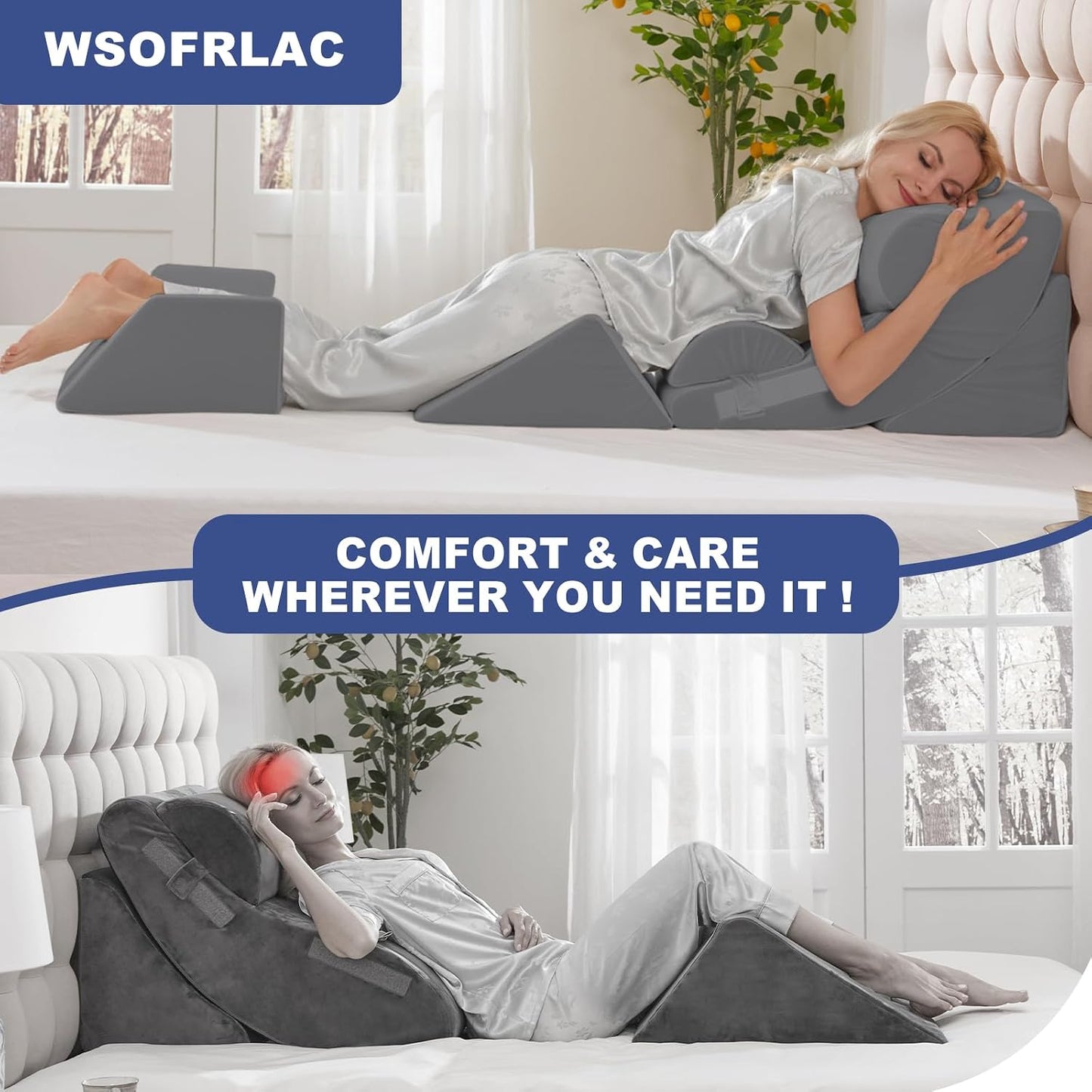 4PCS Orthopedic Bed Wedge Pillow Set for Sleeping, Post Surgery Foam Support Pillows for Back, Neck and Leg Pain Relief, Adjustable Triangle Pillow – Acid Reflux, GERD & Snoring Recovery, White Grey
