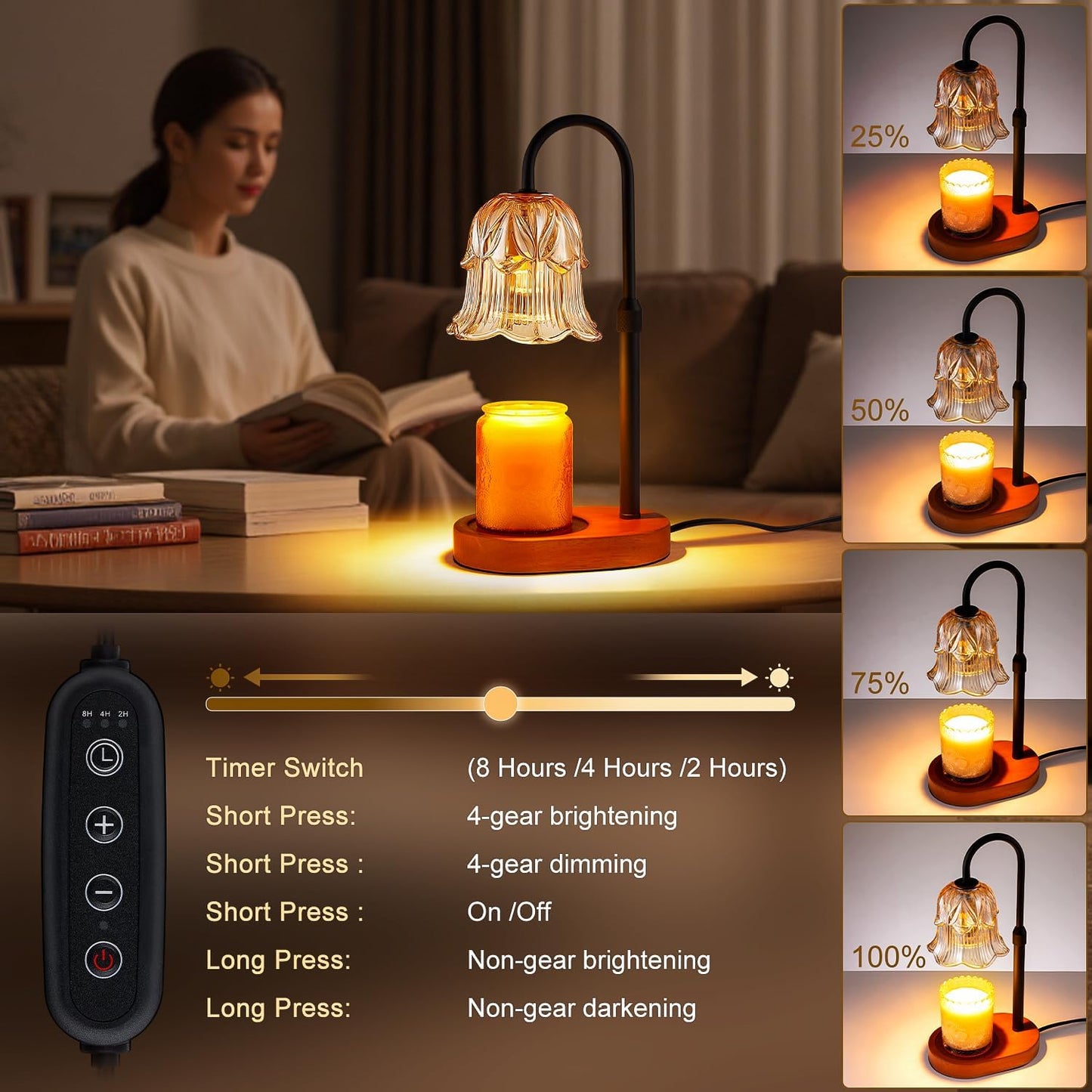 Candle Warmer Lamp Adjustable Timer - Electric Flower Glass Candles Warmers Adjustable Height Dimmable Vintage Base Modern Wax Candles Top Warmers for Small Jar Scented Wax Melts