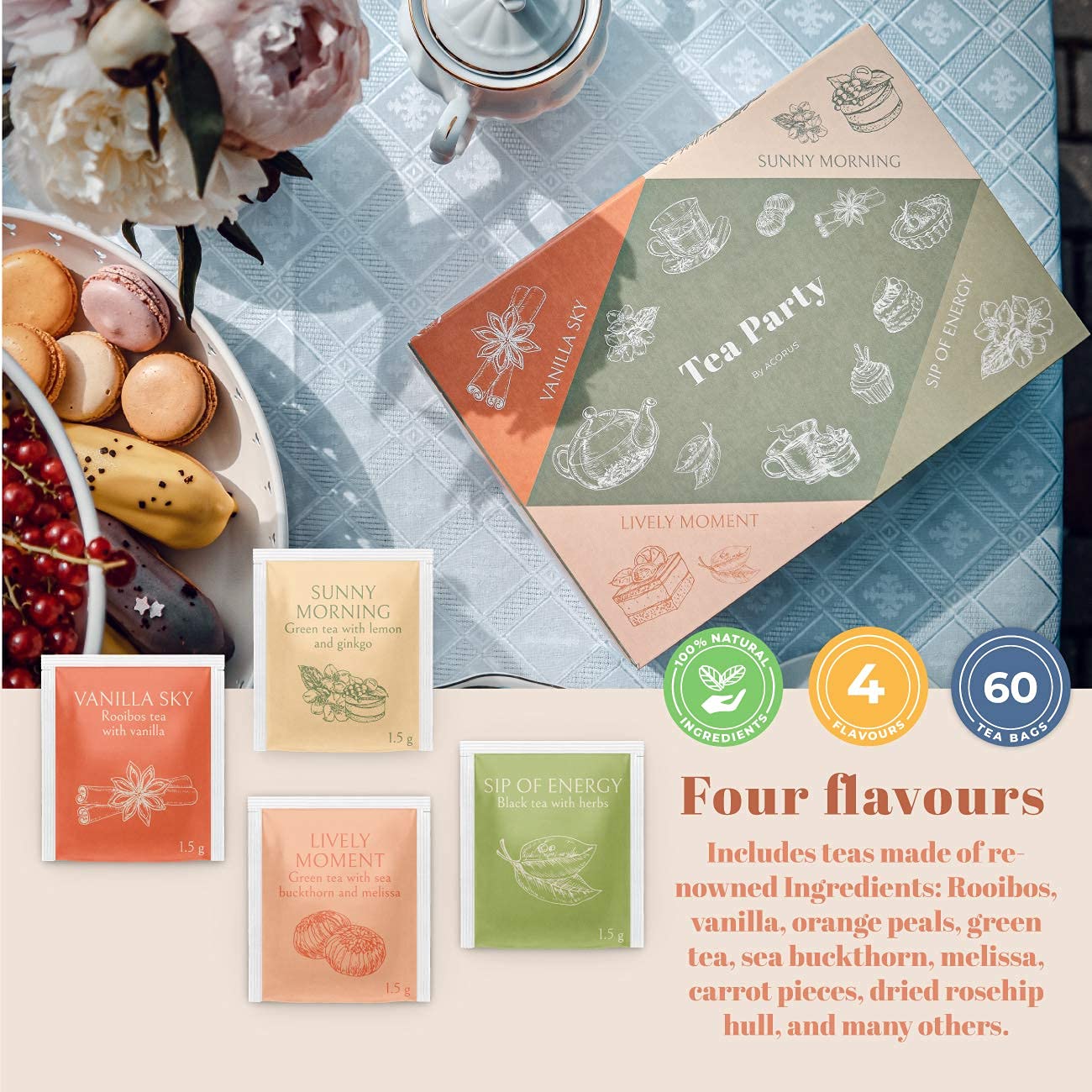 ACORUS Rituals Tea Set - Natural Fruit and Herbal Variety Pack, Tea Gift Set of 6 Different Teas, Sampler of 60 Bags Individually Wrapped