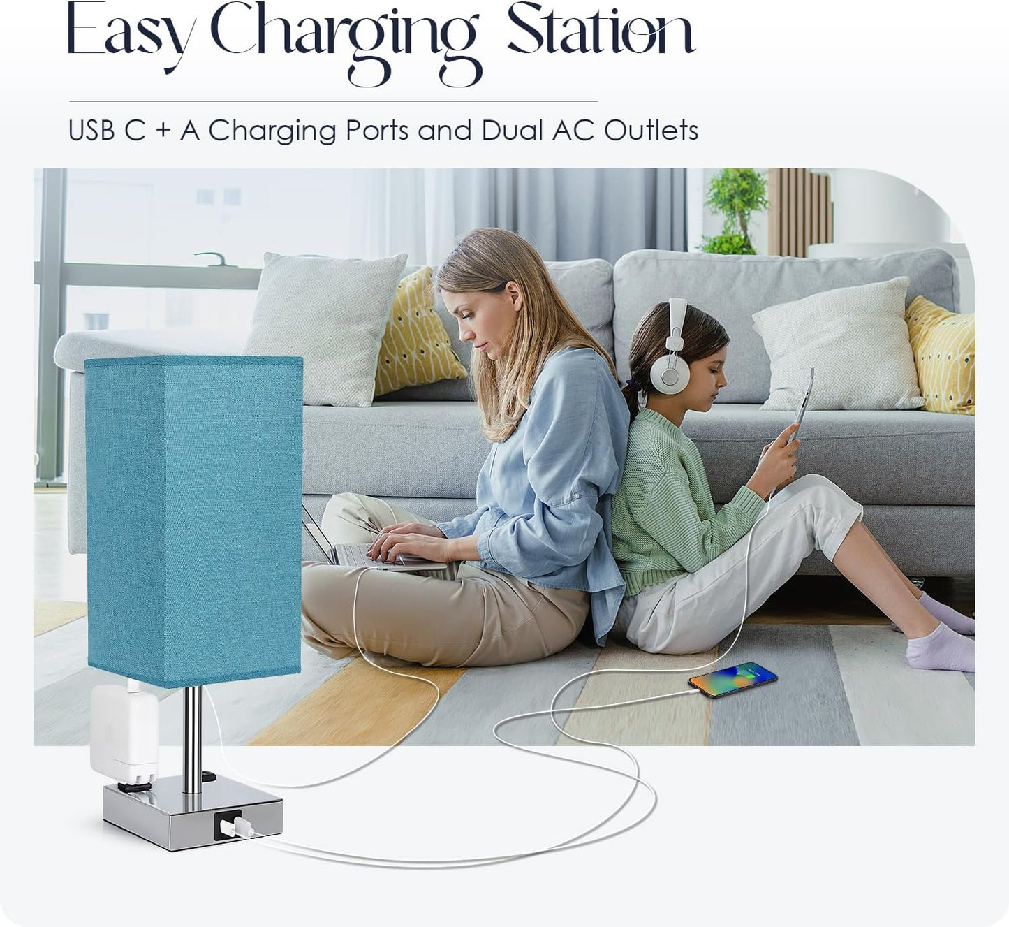 Bedside Table Lamp for Bedroom - Touch Small Lamp with USB C+A Charging Ports & AC Outlets, 3 Way Dimmable Nightstand Light for Living Room (LED Bulb Included, Grey)